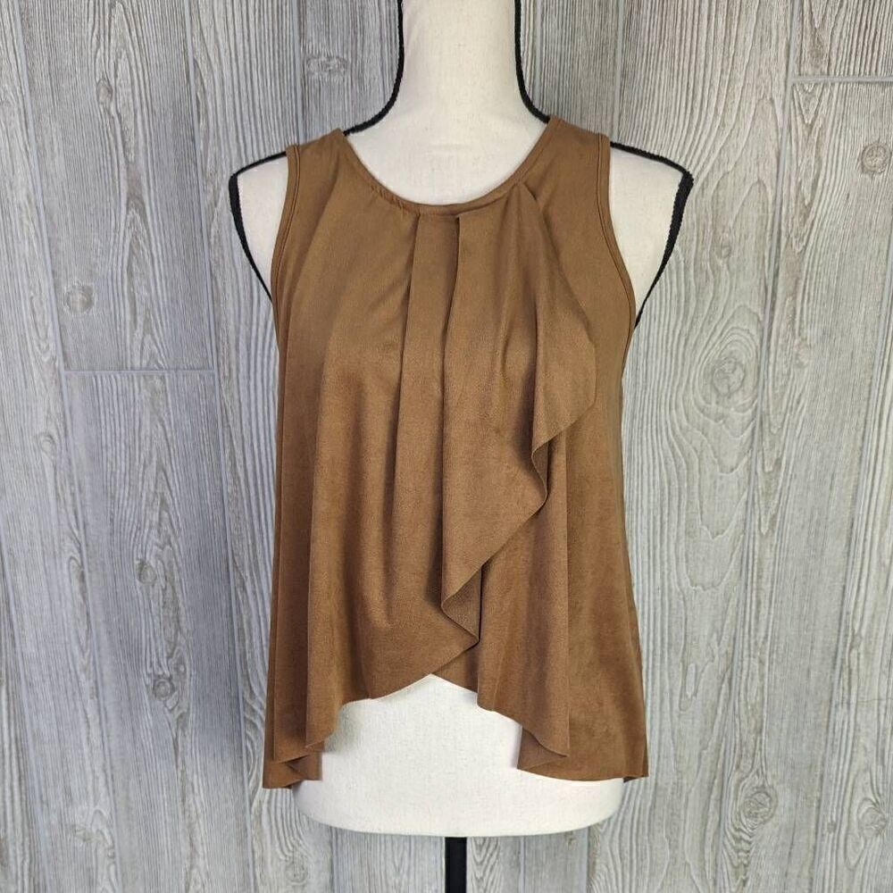 Tyche Women’s Medium Brown Sleeveless Asymmetrical Boho Blouse Top Stretch